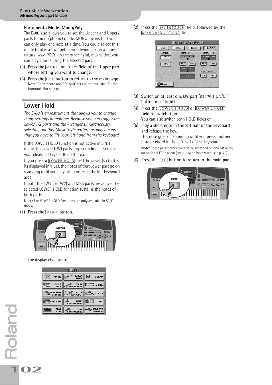 Lower hold, Portamento mode: mono/poly, Lower 1 hold function (see also p. 102) | Lower 2 hold function (see also p. 102) | Roland E-80 User Manual | Page 102 / 284