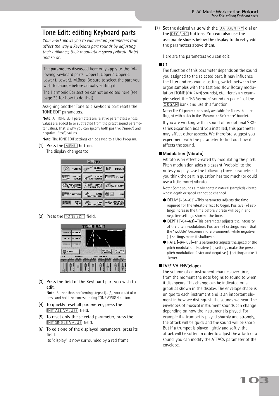Tone edit: editing keyboard parts | Roland E-80 User Manual | Page 103 / 284