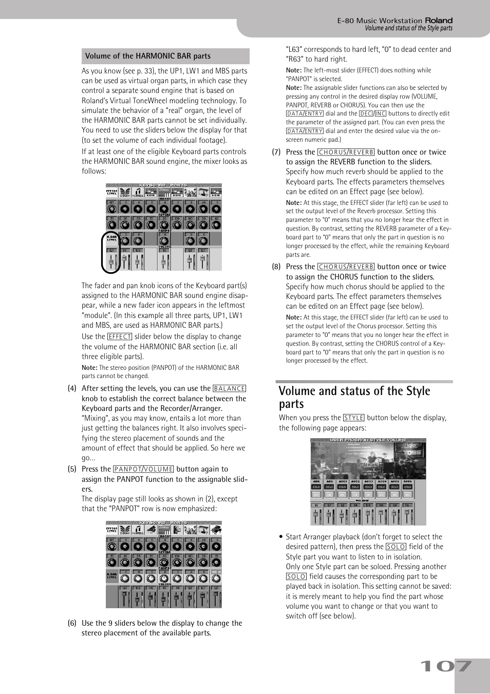 Volume and status of the style parts | Roland E-80 User Manual | Page 107 / 284
