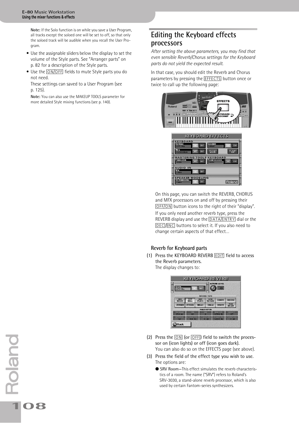 Editing the keyboard effects processors, Editing the keyboard effects processors, Reverb for keyboard parts | Roland E-80 User Manual | Page 108 / 284