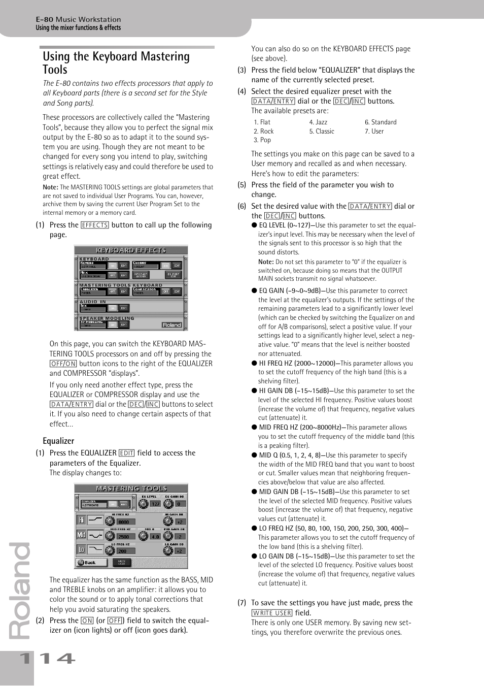 Using the keyboard mastering tools, Equalizer | Roland E-80 User Manual | Page 114 / 284