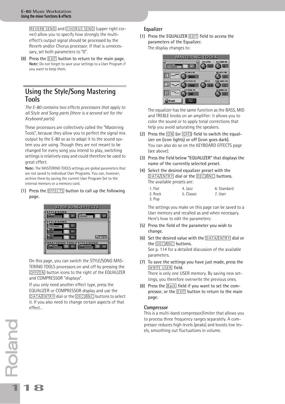 Using the style/song mastering tools, Equalizer compressor | Roland E-80 User Manual | Page 118 / 284