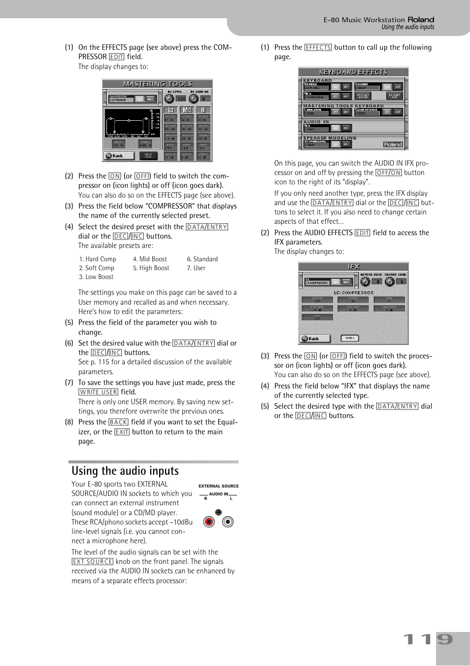 Using the audio inputs | Roland E-80 User Manual | Page 119 / 284