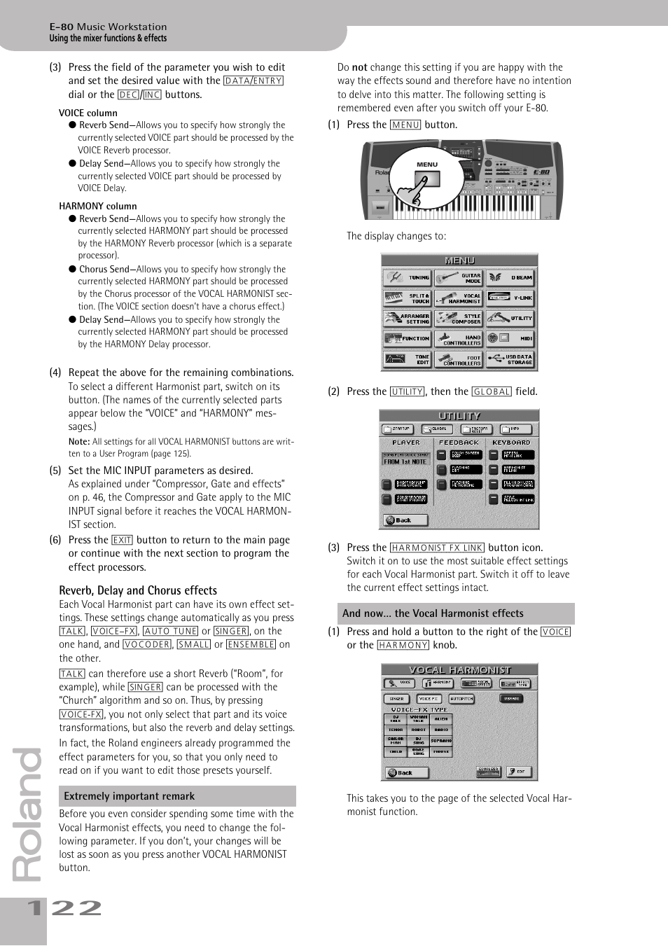 Reverb, delay and chorus effects | Roland E-80 User Manual | Page 122 / 284