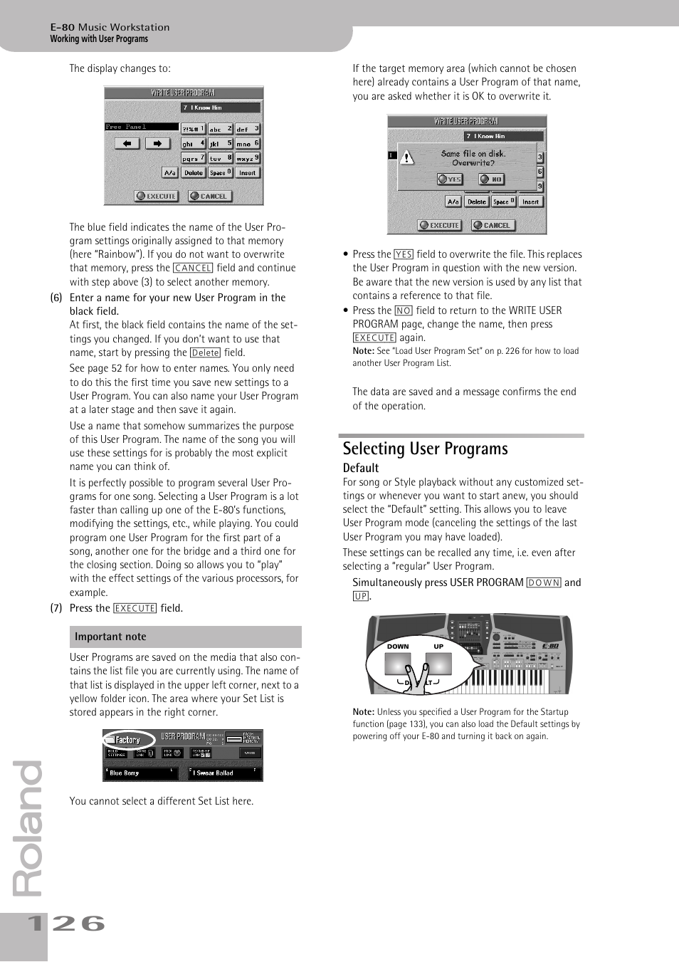 Selecting user programs, Default, Doesn’t use the guitar mode (see p. 126) | Roland E-80 User Manual | Page 126 / 284