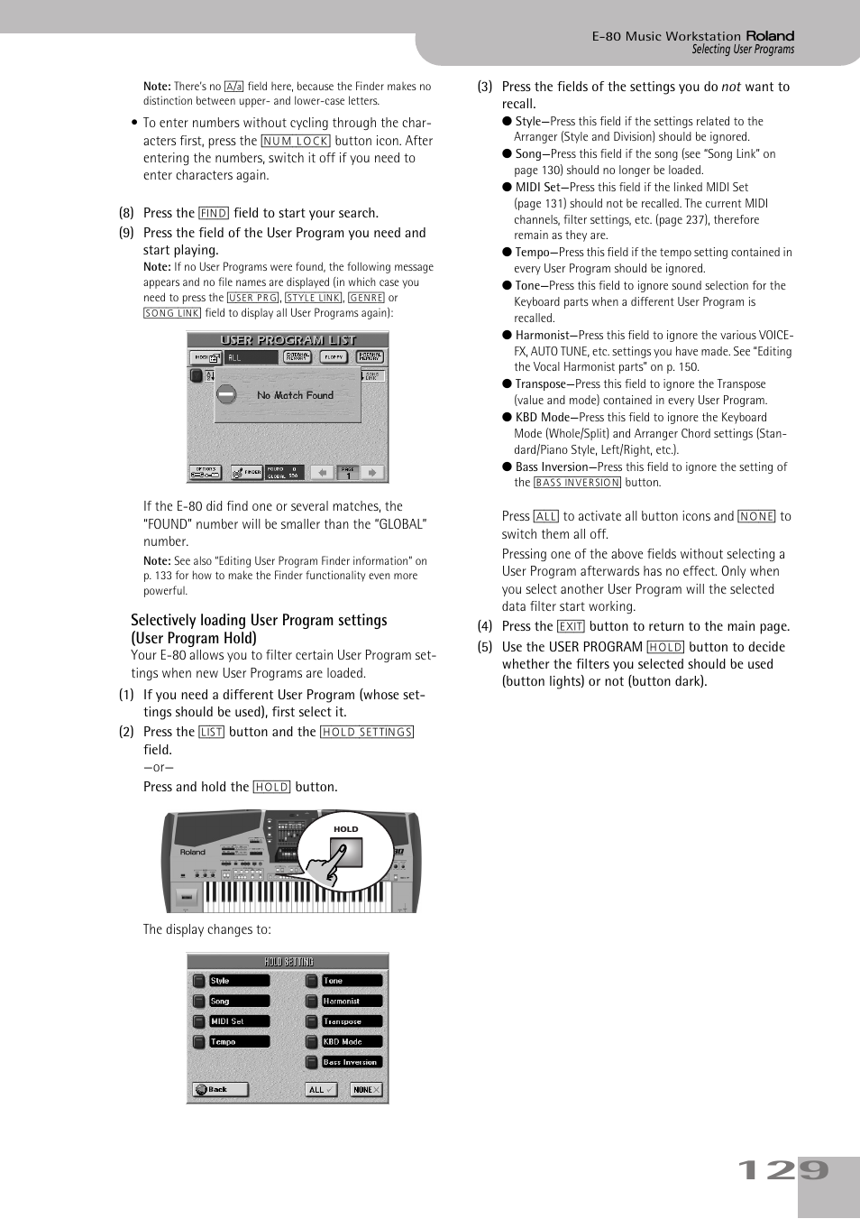 Selectively loading user program settings, User program hold) | Roland E-80 User Manual | Page 129 / 284