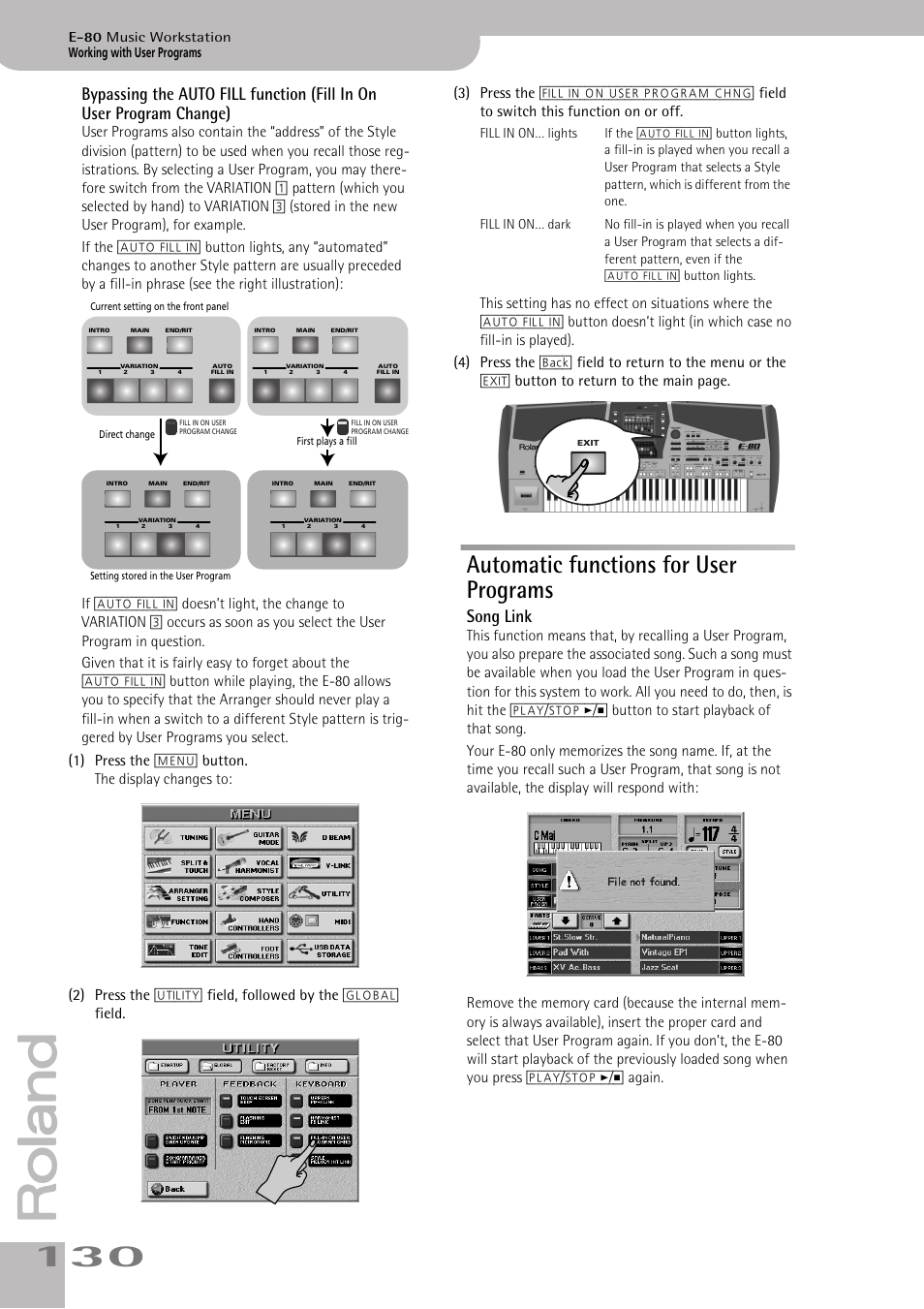 Automatic functions for user programs, Bypassing the auto fill function (fill in on, User program change) | Automatic functions for user programs, Song link, Press this field if the song (see “song link” on | Roland E-80 User Manual | Page 130 / 284