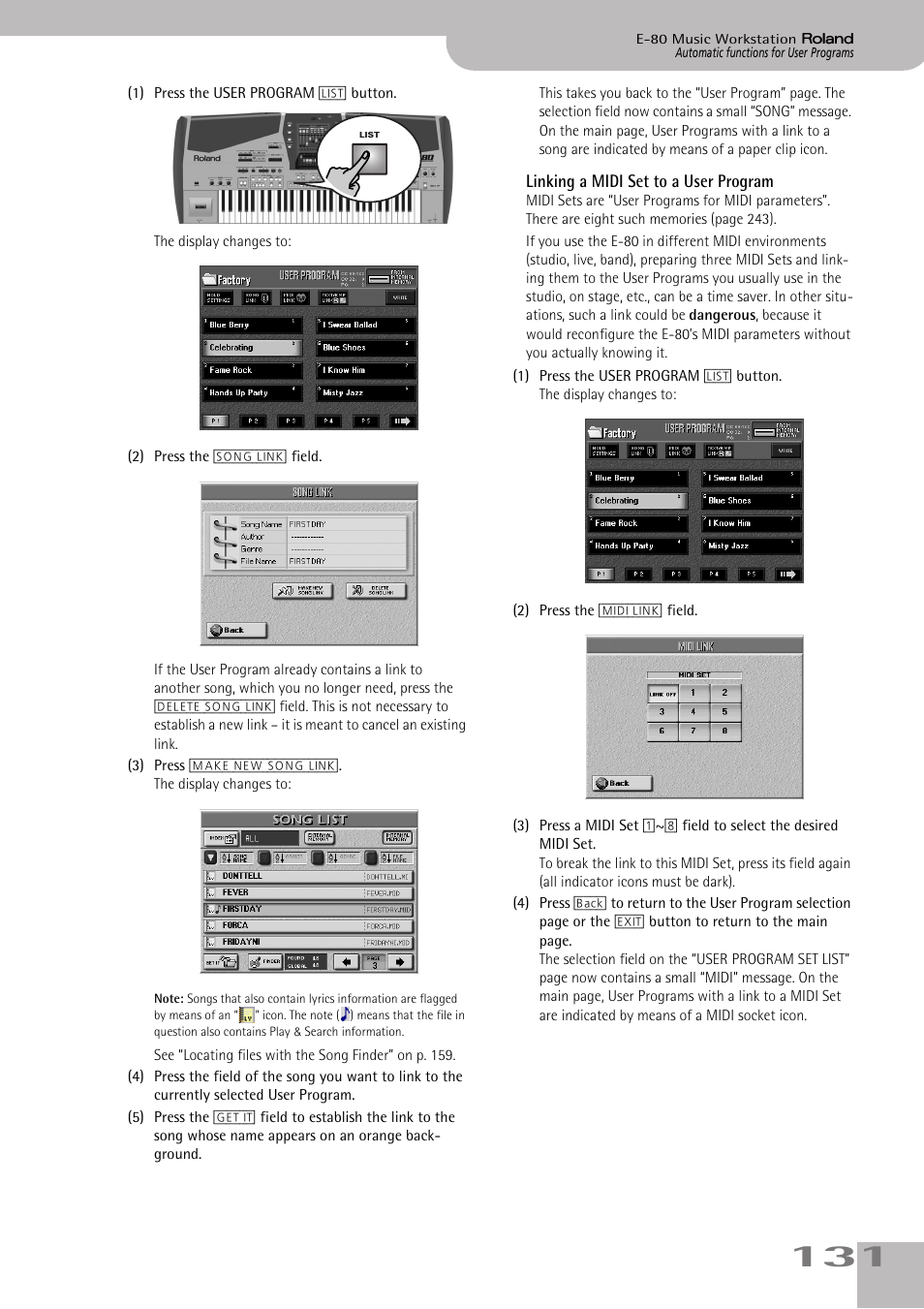 Linking a midi set to a user program | Roland E-80 User Manual | Page 131 / 284