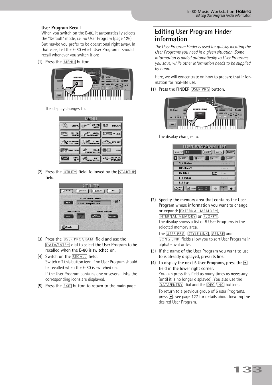 Editing user program finder information, User program recall, Editing user program finder information | Roland E-80 User Manual | Page 133 / 284