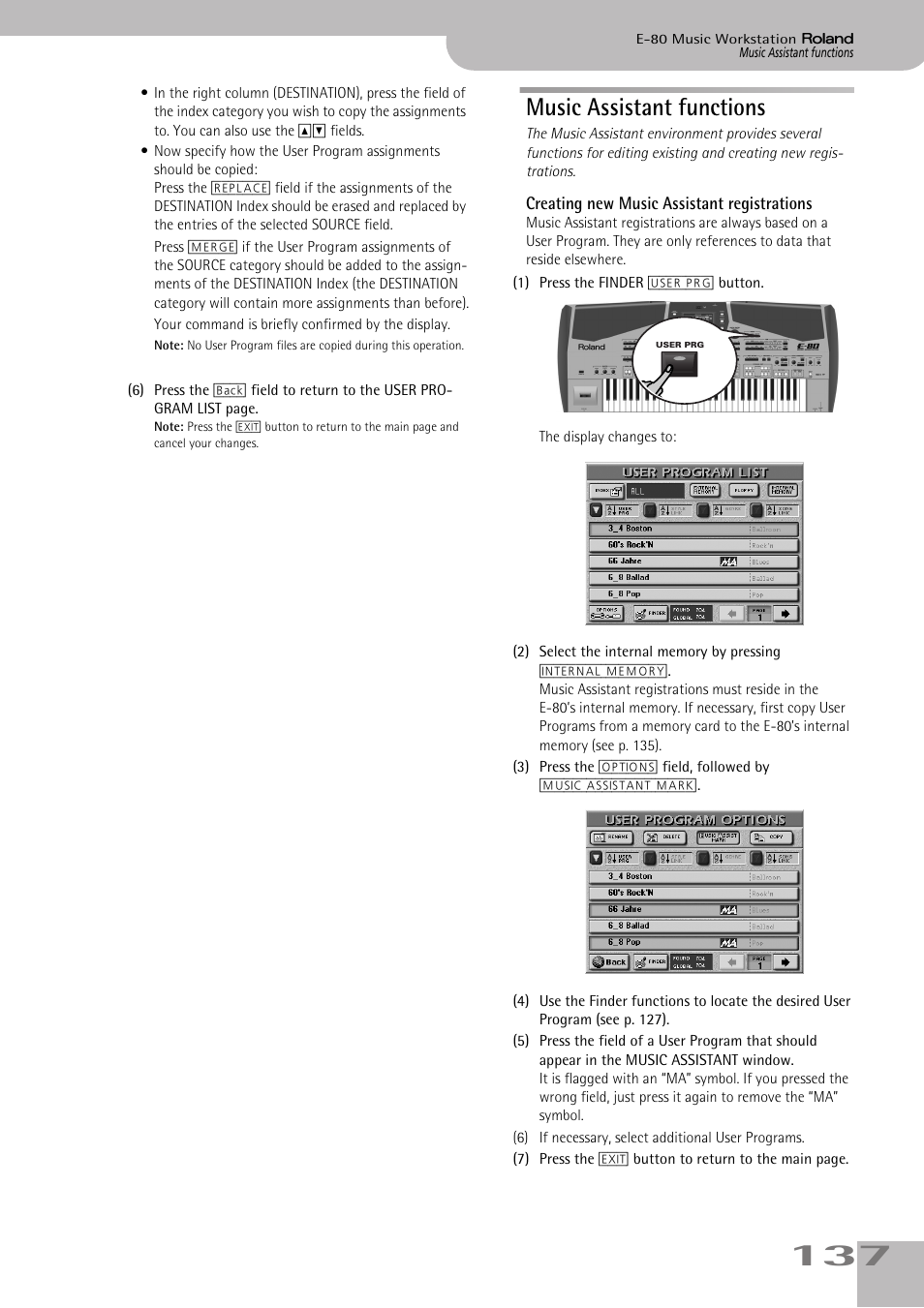 Music assistant functions, Creating new music assistant registrations | Roland E-80 User Manual | Page 137 / 284