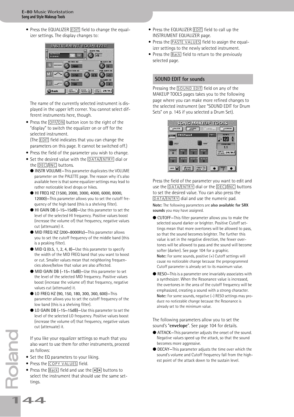 Sound edit for sounds | Roland E-80 User Manual | Page 144 / 284