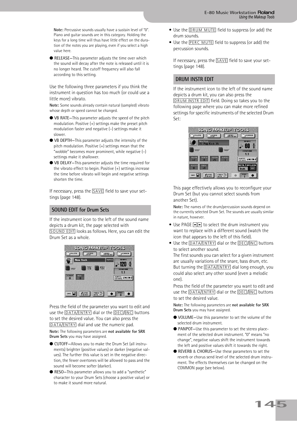 Sound edit for drum sets drum instr edit | Roland E-80 User Manual | Page 145 / 284