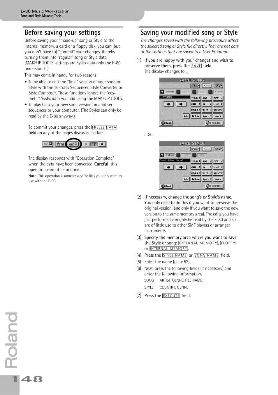 Before saving your settings, Saving your modified song or style | Roland E-80 User Manual | Page 148 / 284