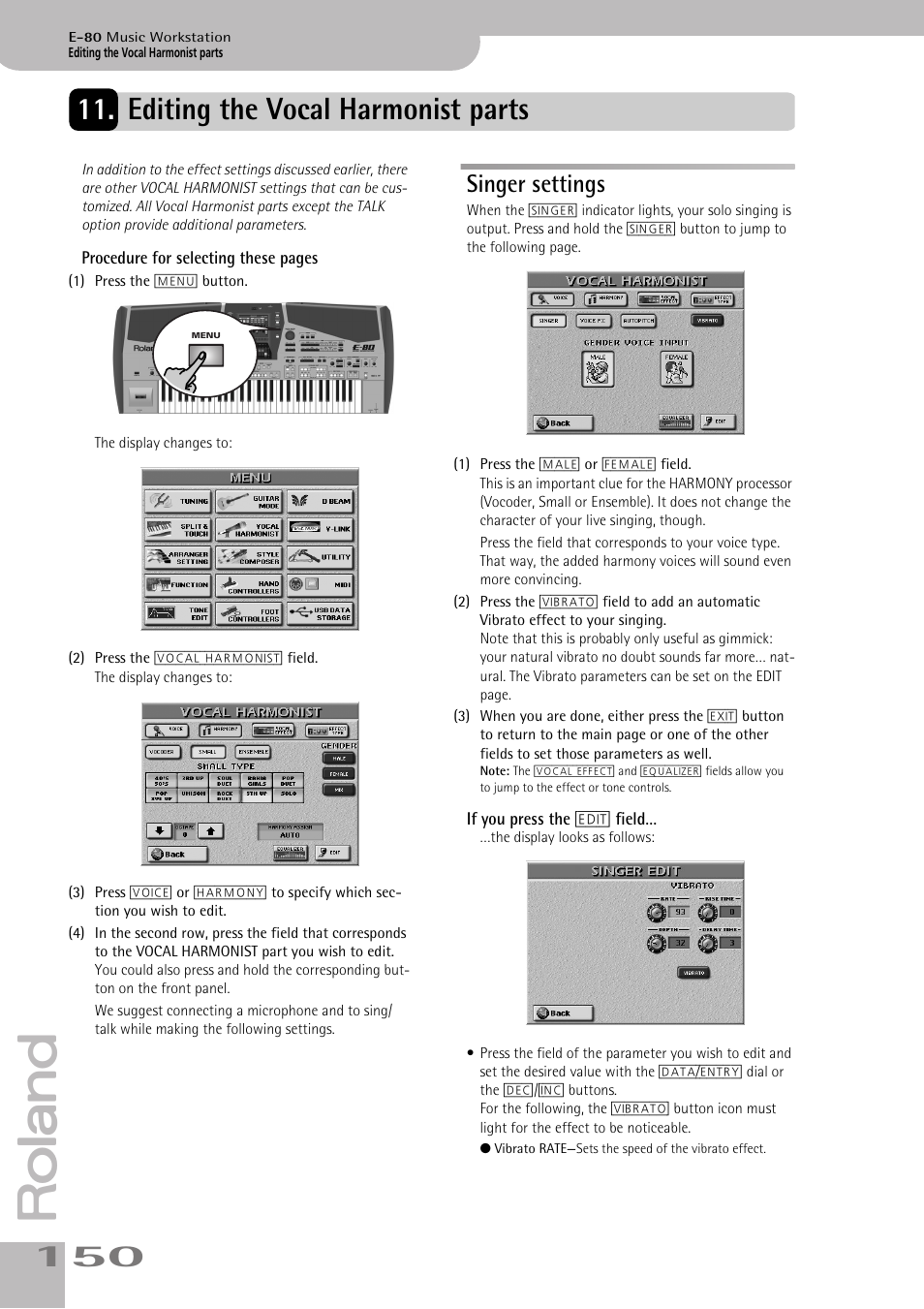 Editing the vocal harmonist parts, Singer settings, See “editing the vocal harmonist parts” on p. 150 | Roland E-80 User Manual | Page 150 / 284