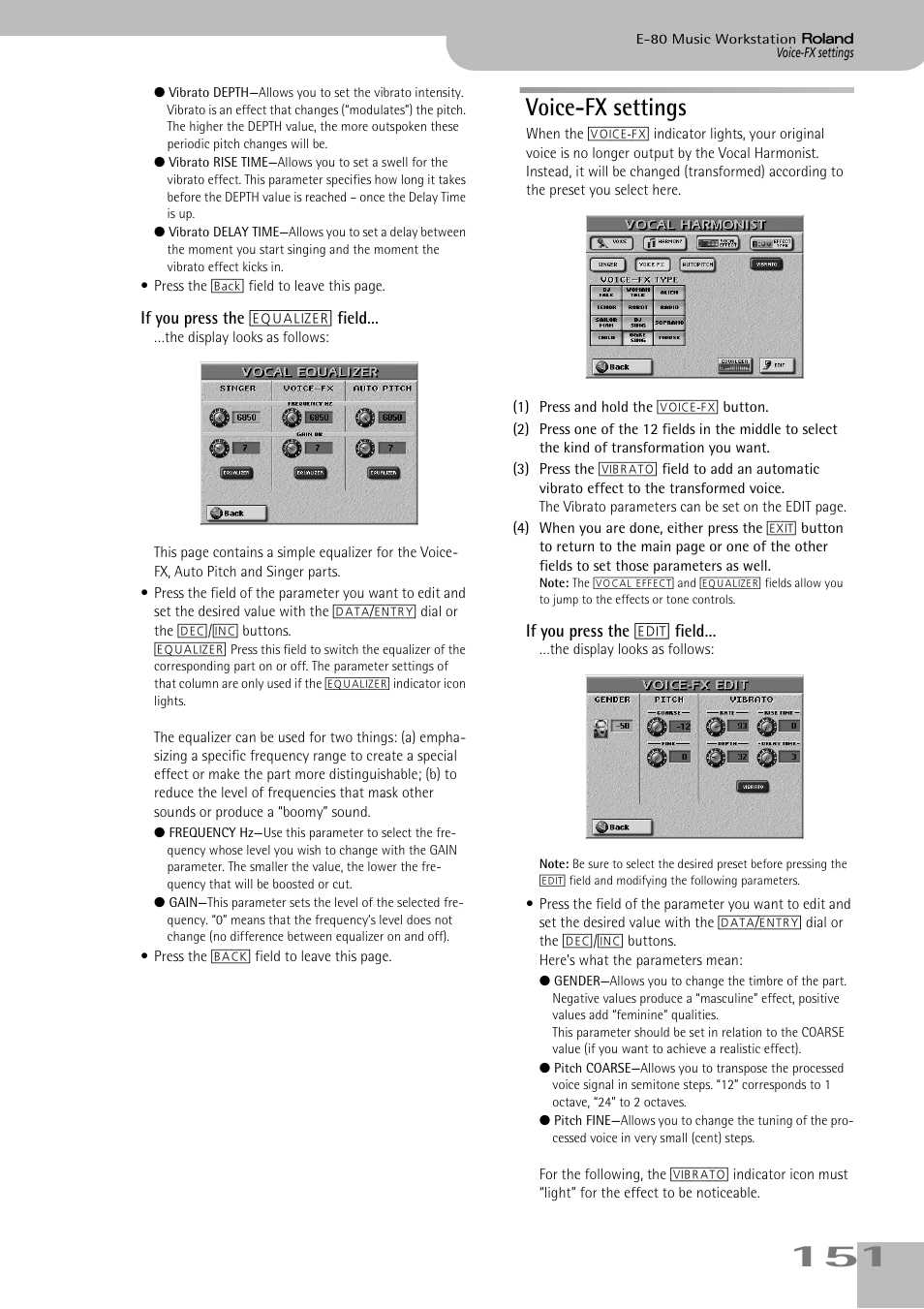Voice-fx settings | Roland E-80 User Manual | Page 151 / 284