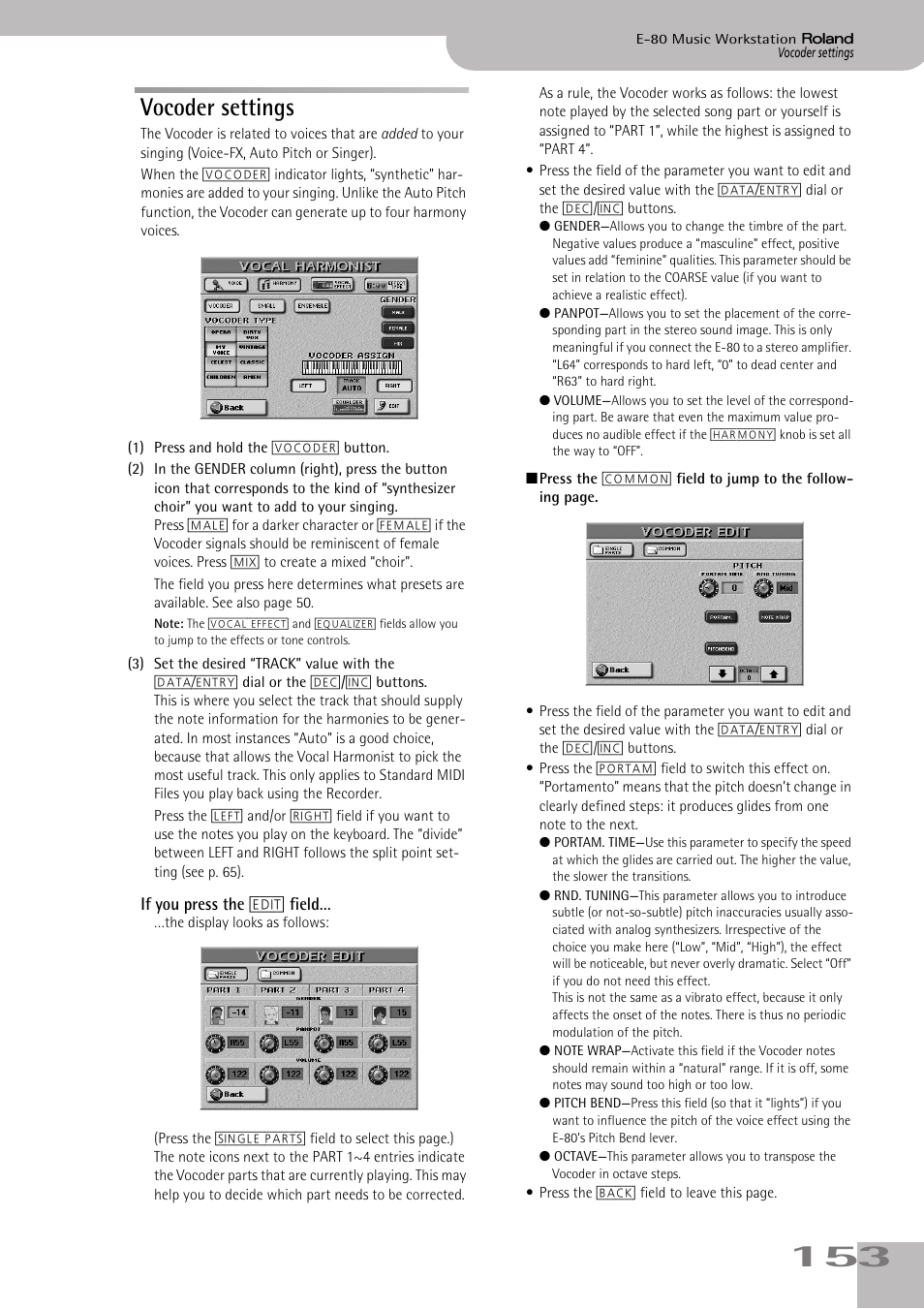 Vocoder settings | Roland E-80 User Manual | Page 153 / 284