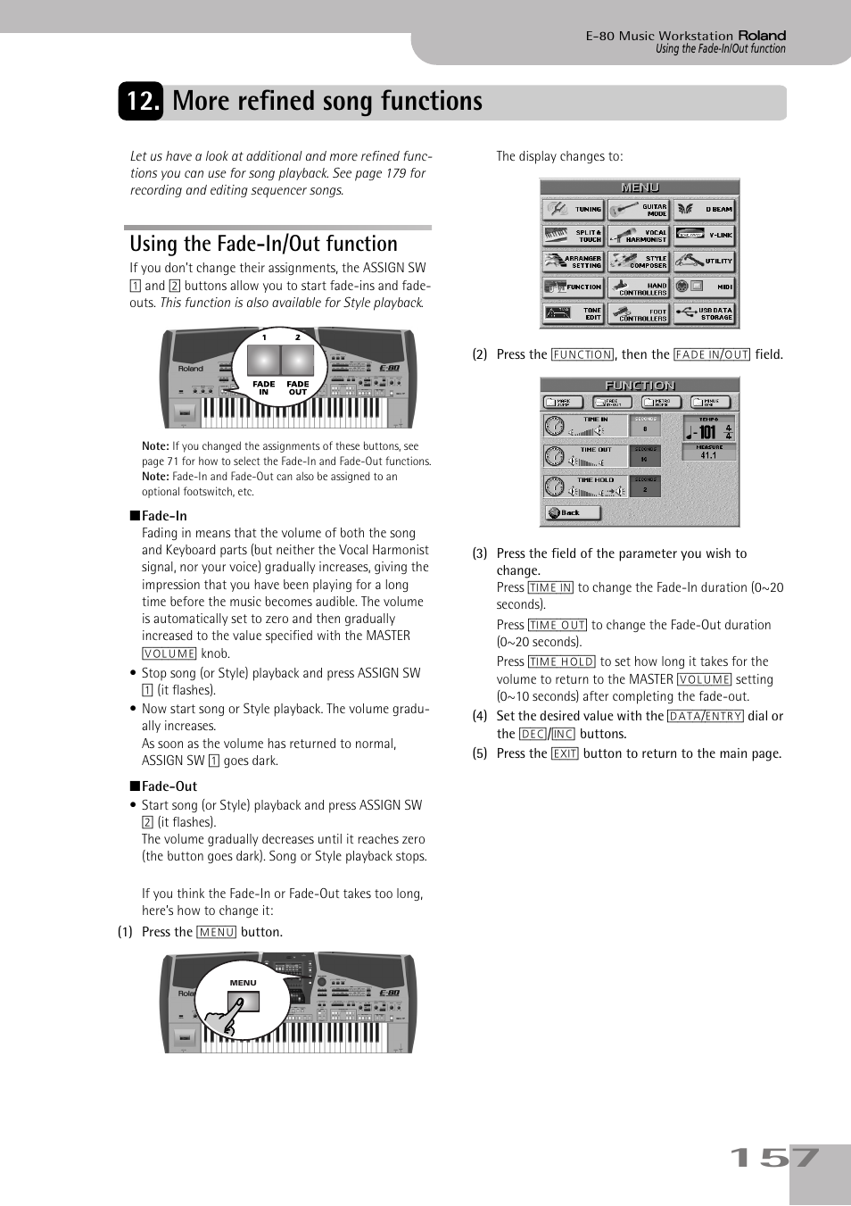 More refined song functions, Using the fade-in/out function | Roland E-80 User Manual | Page 157 / 284