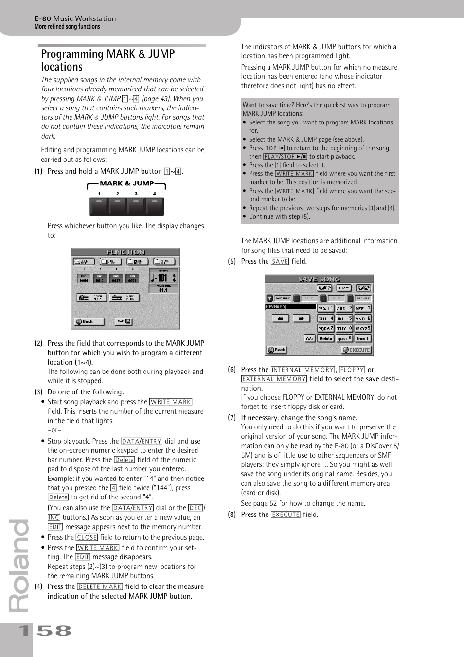 Programming mark & jump locations, Programming mark & jump locations | Roland E-80 User Manual | Page 158 / 284