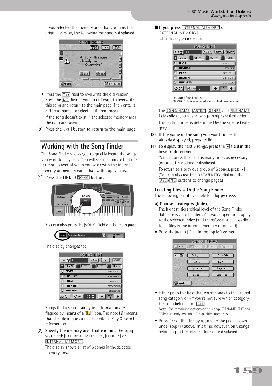 Working with the song finder, Locating files with the song finder | Roland E-80 User Manual | Page 159 / 284