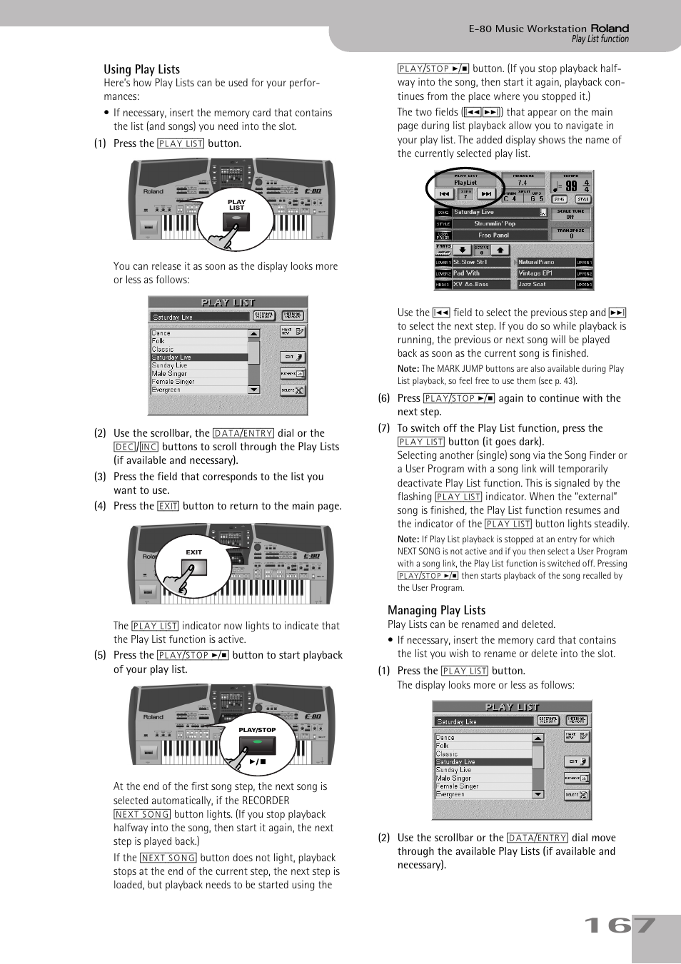 Using play lists managing play lists, See “using play lists” on p. 167 for how work with | Roland E-80 User Manual | Page 167 / 284