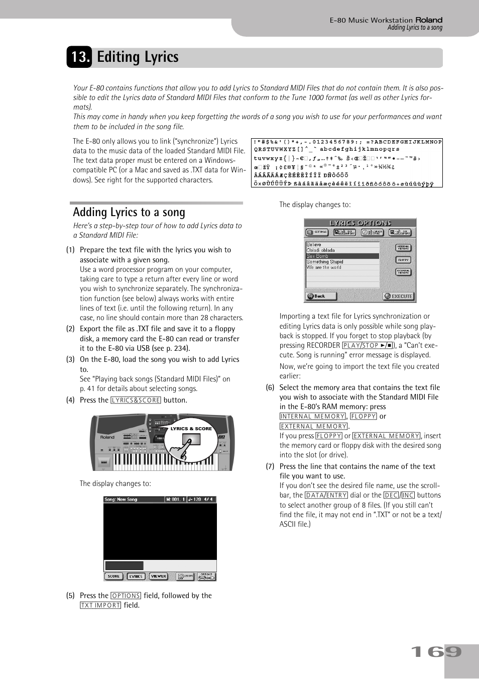 Editing lyrics, Adding lyrics to a song | Roland E-80 User Manual | Page 169 / 284