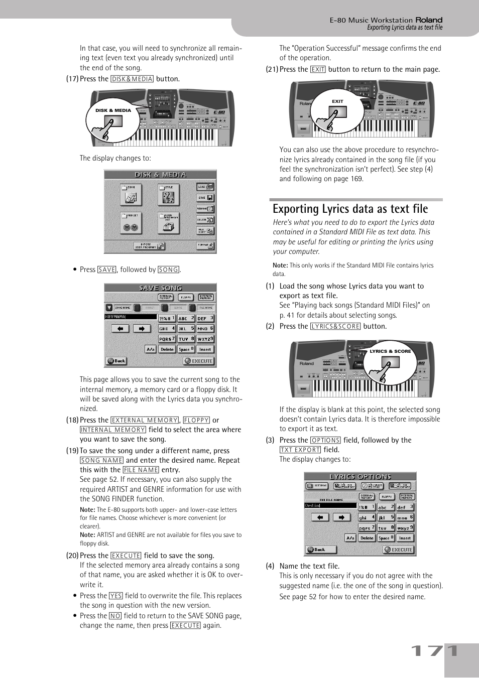 Exporting lyrics data as text file | Roland E-80 User Manual | Page 171 / 284