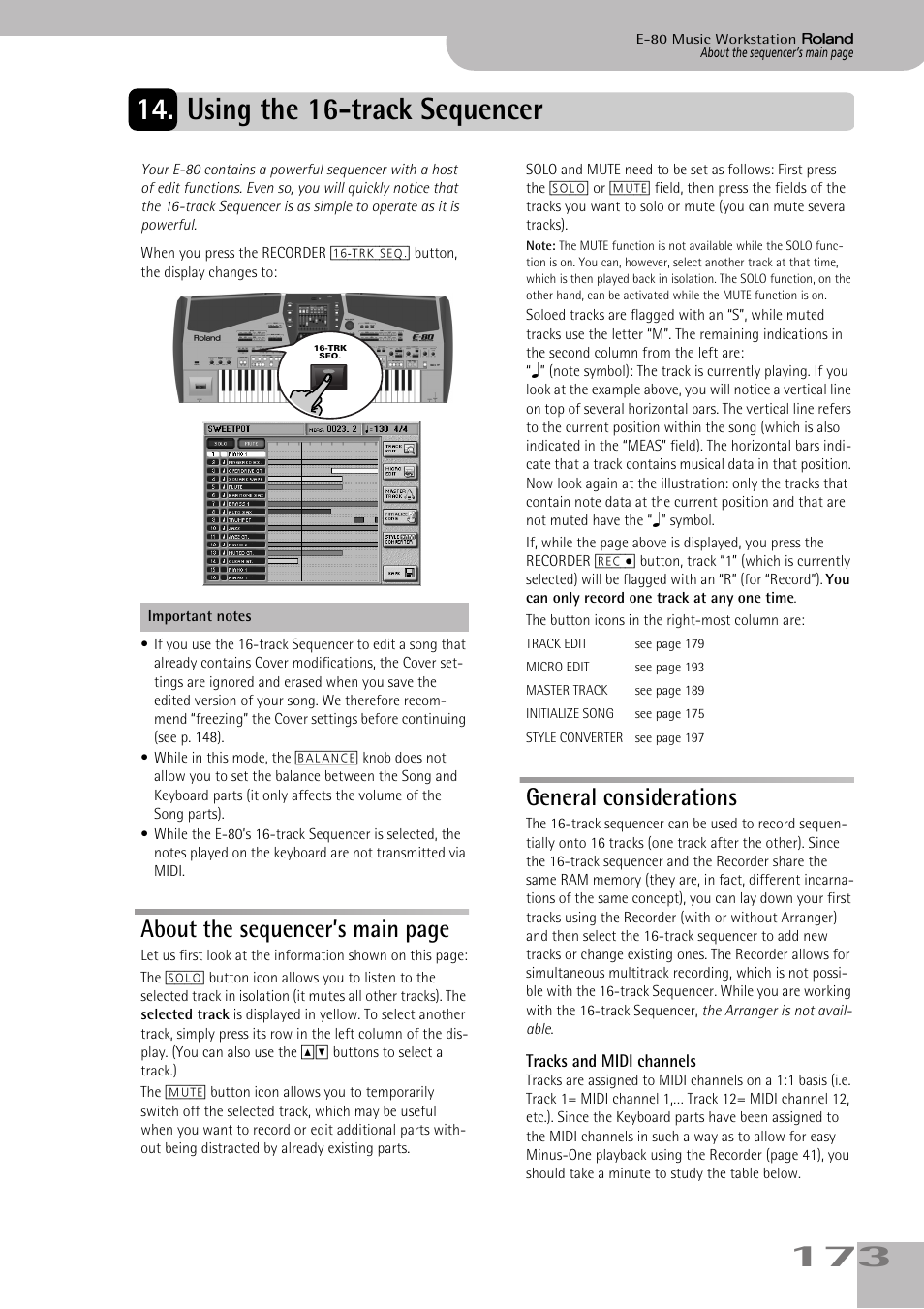 Using the 16-track sequencer, General considerations, Roland arranger instruments (see p. 173) | The 16-track sequencer mode (see p. 173), About the sequencer’s main page | Roland E-80 User Manual | Page 173 / 284