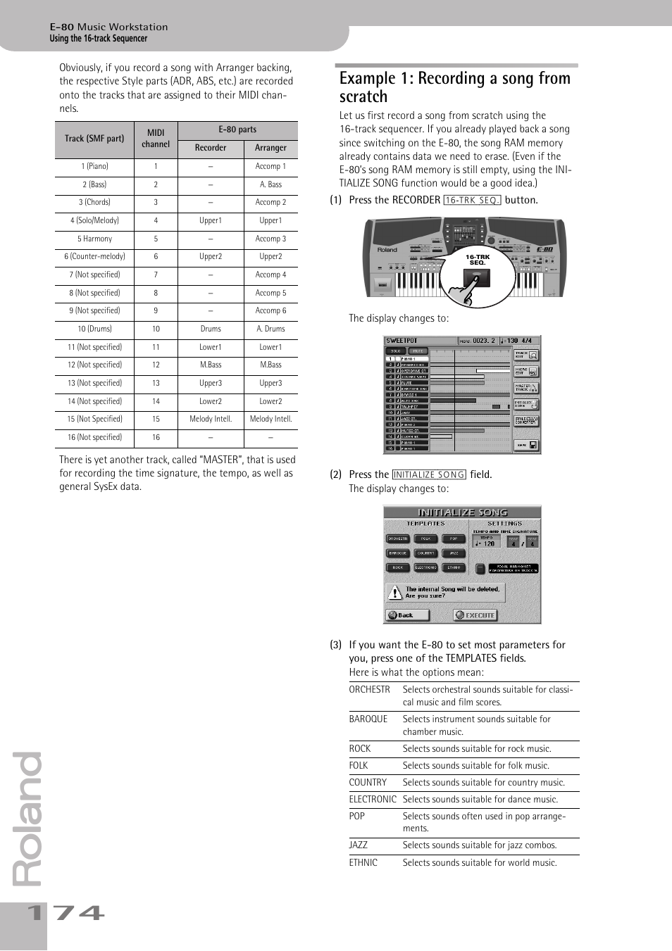 Example 1: recording a song from scratch | Roland E-80 User Manual | Page 174 / 284