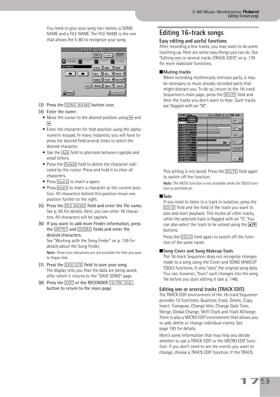 Editing 16-track songs | Roland E-80 User Manual | Page 179 / 284