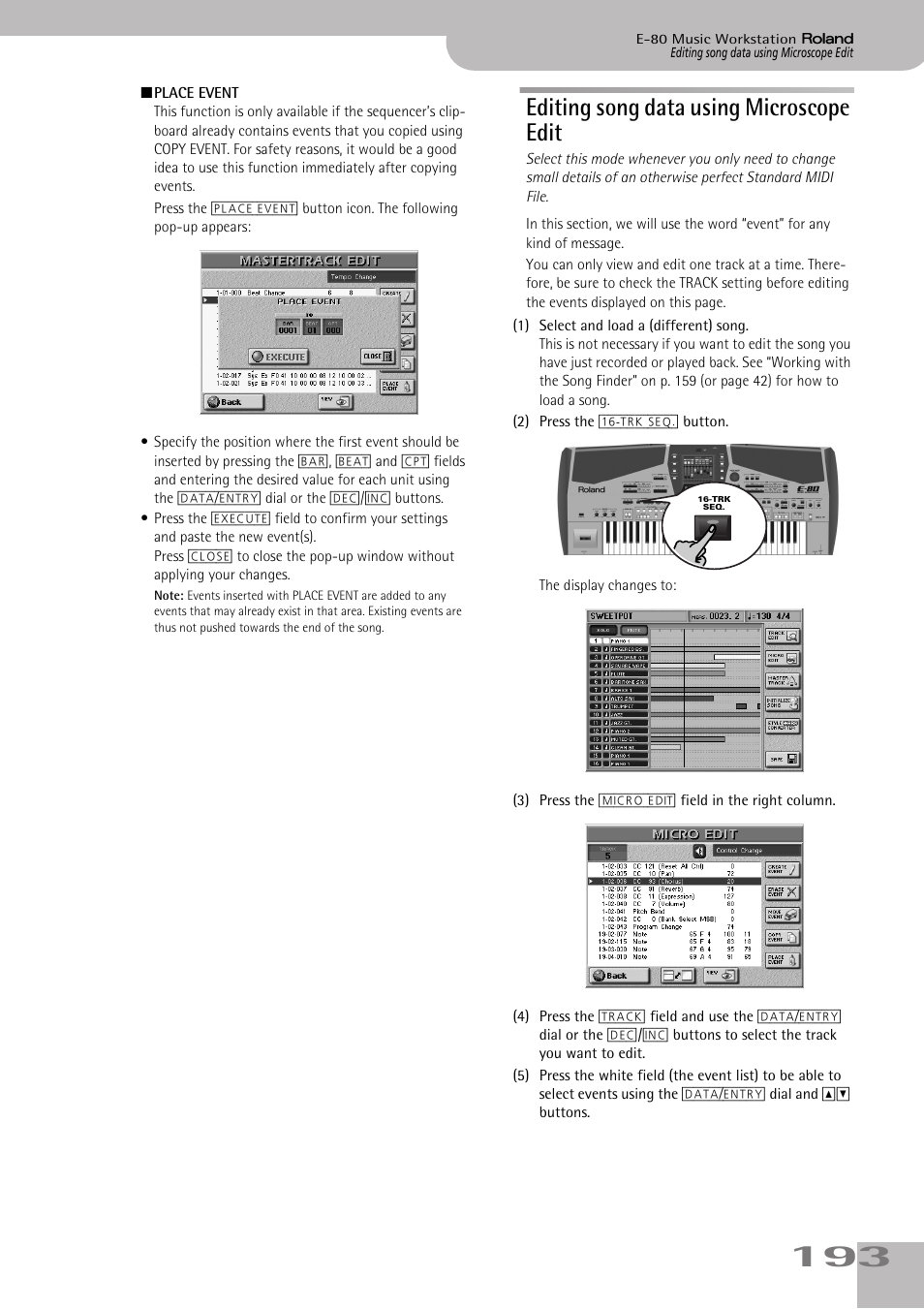Editing song data using microscope edit | Roland E-80 User Manual | Page 193 / 284