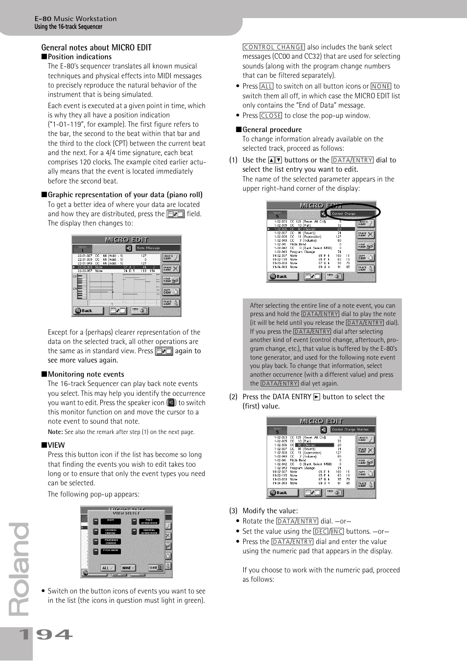 General notes about micro edit | Roland E-80 User Manual | Page 194 / 284