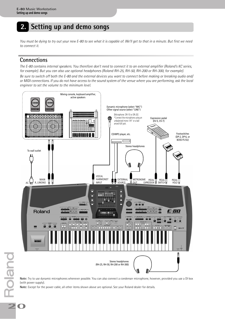 Setting up and demo songs, Connections | Roland E-80 User Manual | Page 20 / 284
