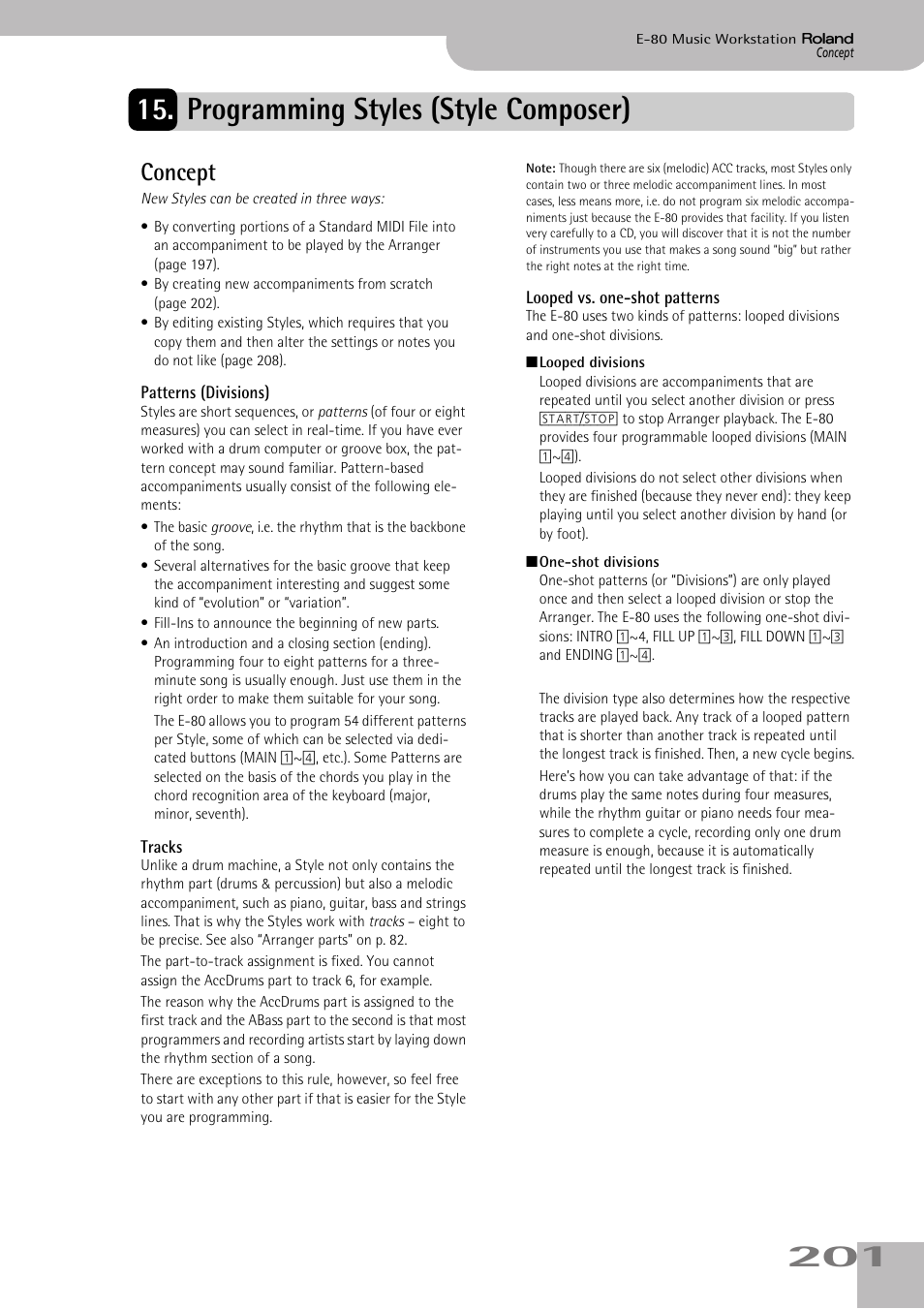Programming styles (style composer), Concept, See “concept” on p. 201 and “looped vs. one-shot | Roland E-80 User Manual | Page 201 / 284