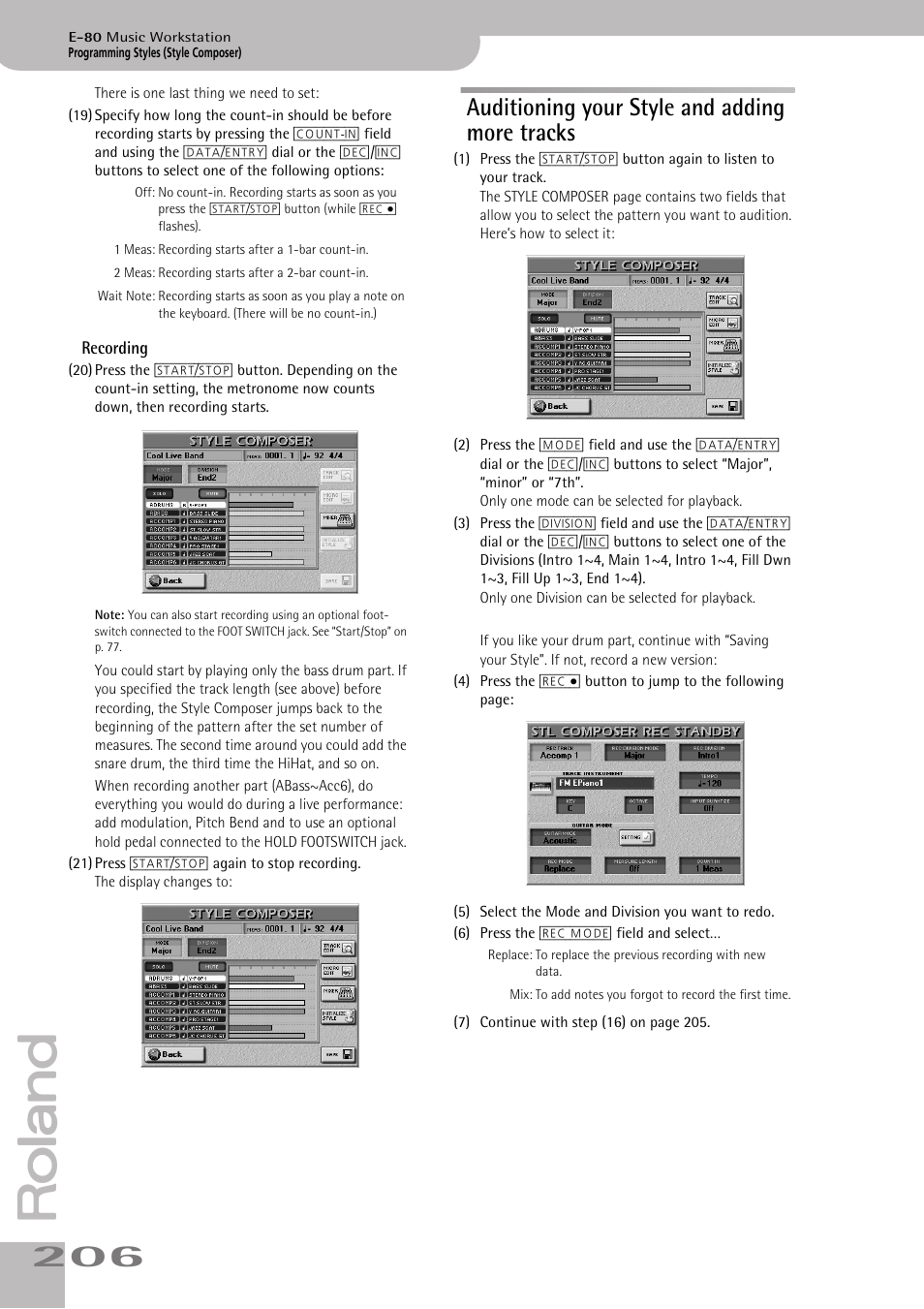 Auditioning your style and adding more tracks, Recording | Roland E-80 User Manual | Page 206 / 284