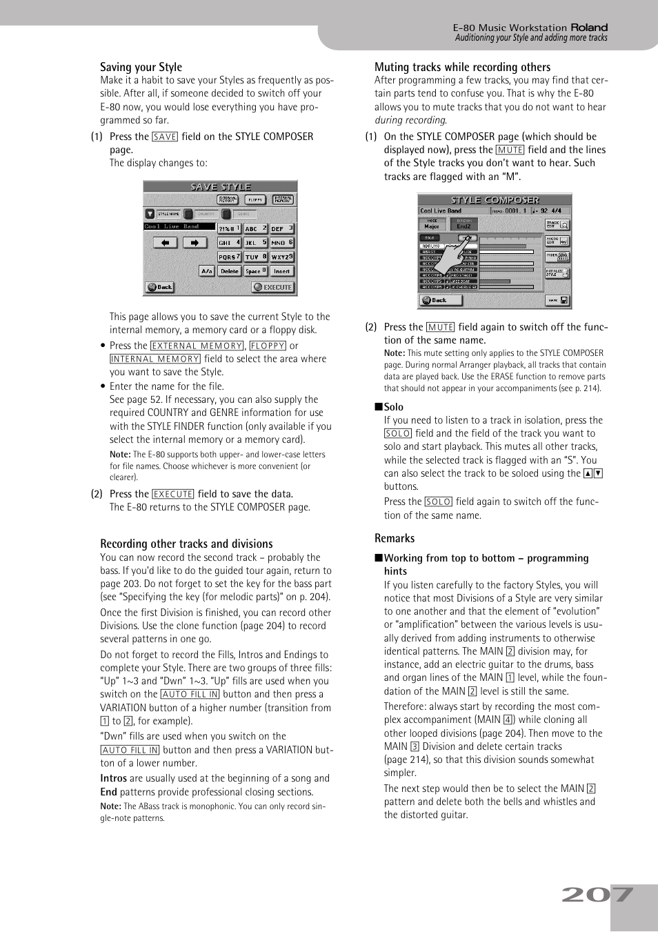 See “saving your style” on p. 207 | Roland E-80 User Manual | Page 207 / 284