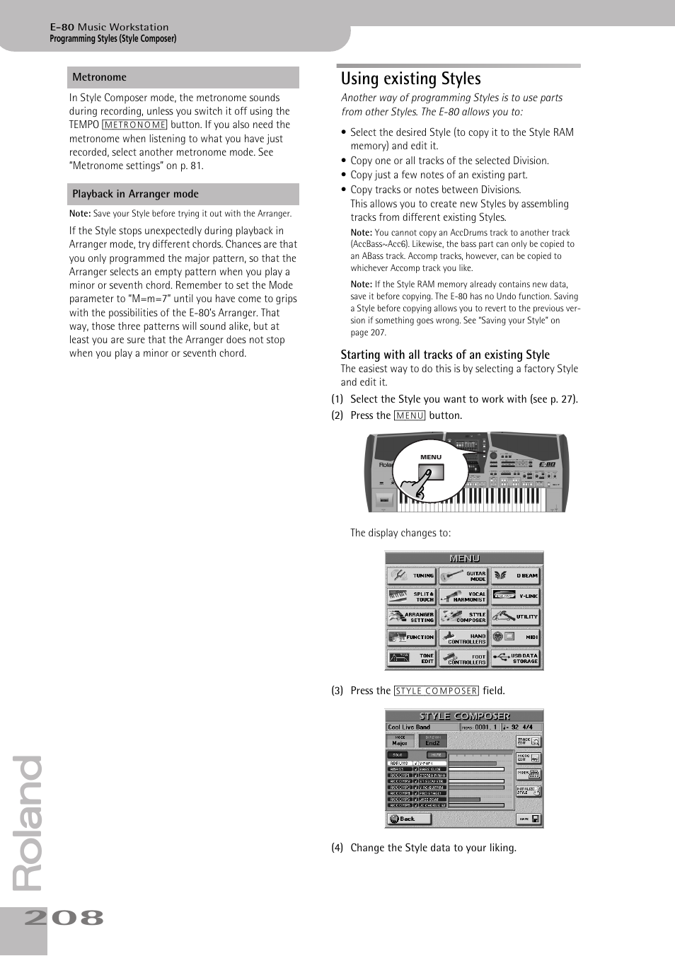 Using existing styles, Starting with all tracks of an existing style | Roland E-80 User Manual | Page 208 / 284