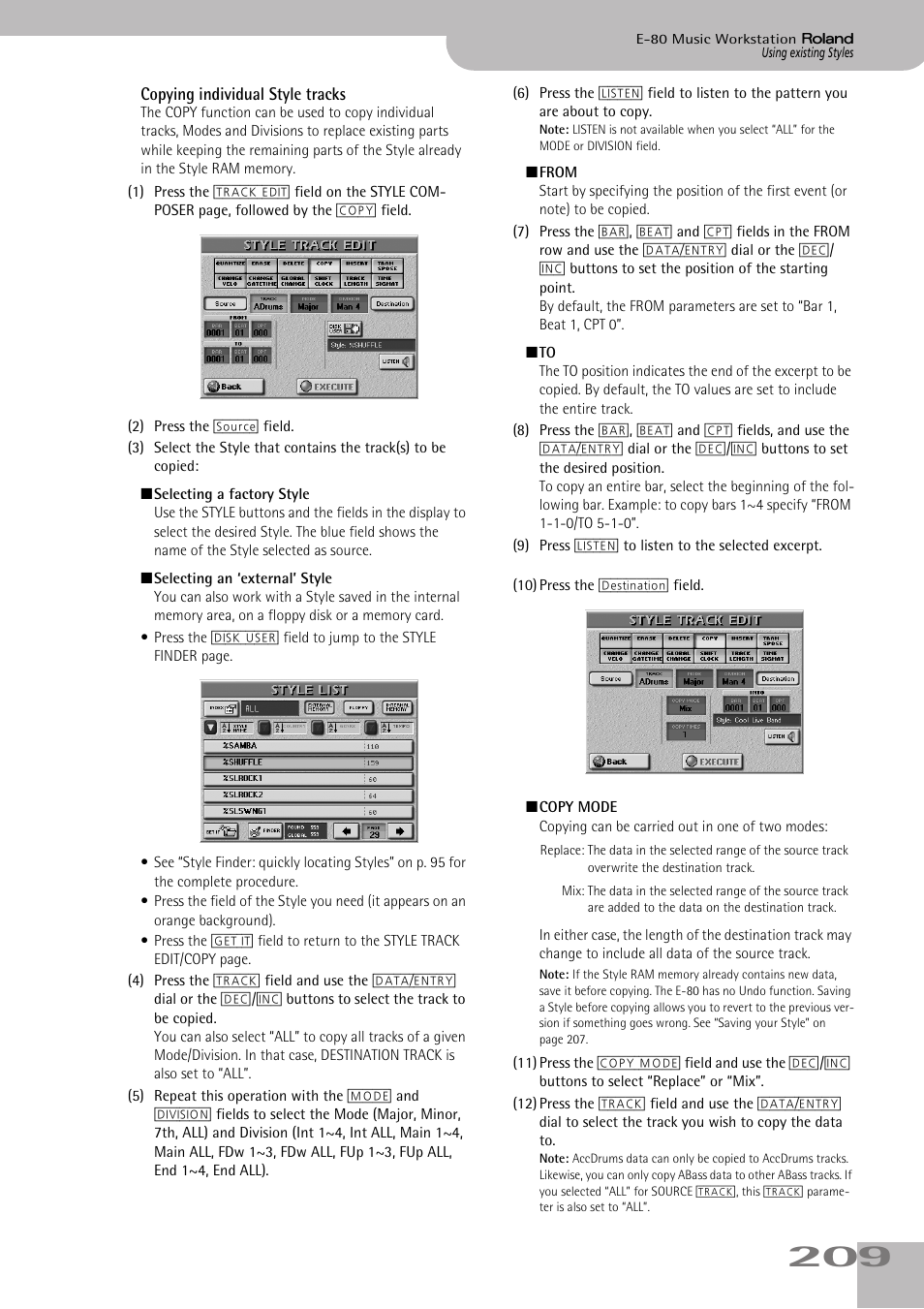 Copying individual style tracks | Roland E-80 User Manual | Page 209 / 284