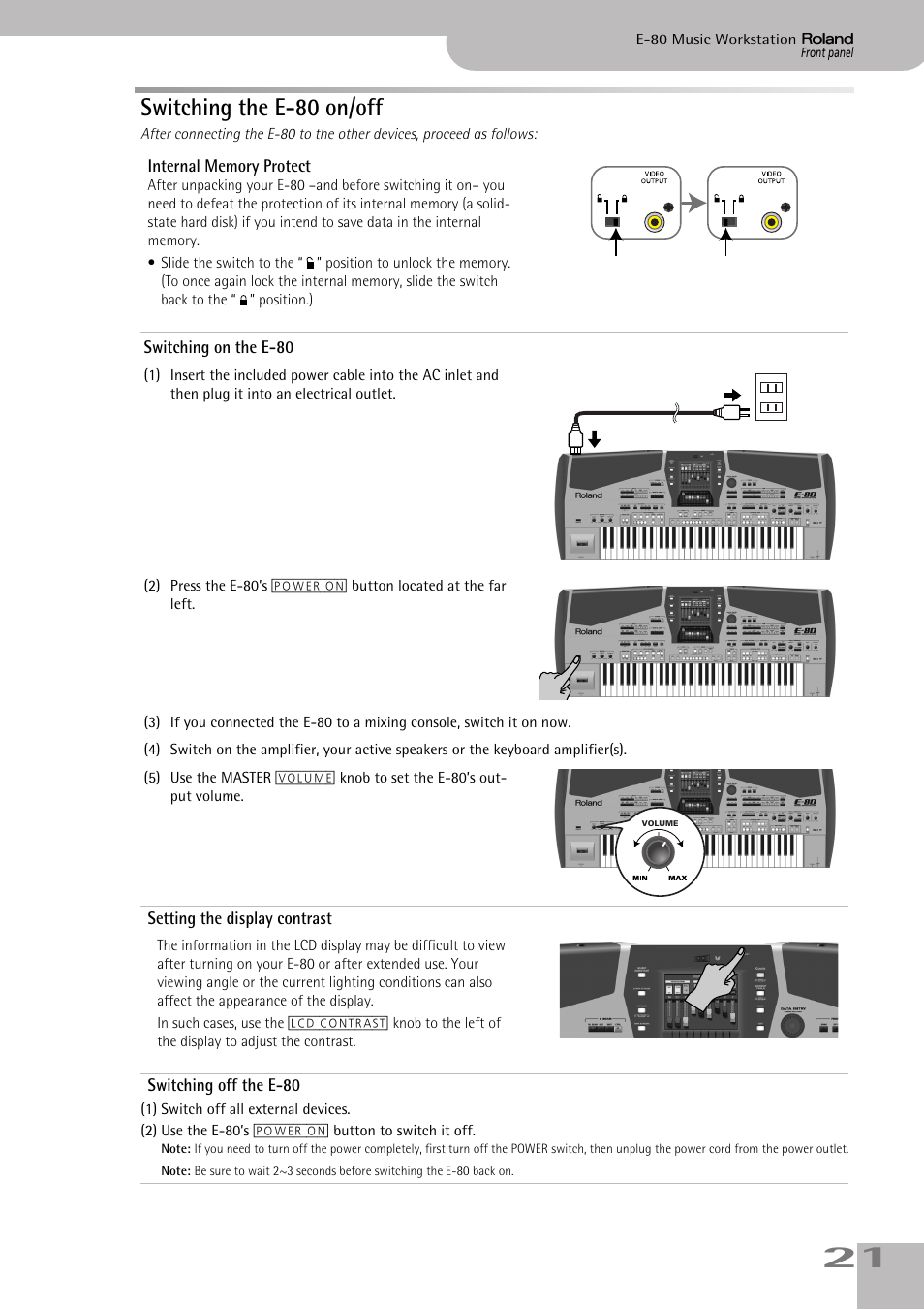 Switching the e80 on/off, Switching the e-80 on/off | Roland E-80 User Manual | Page 21 / 284