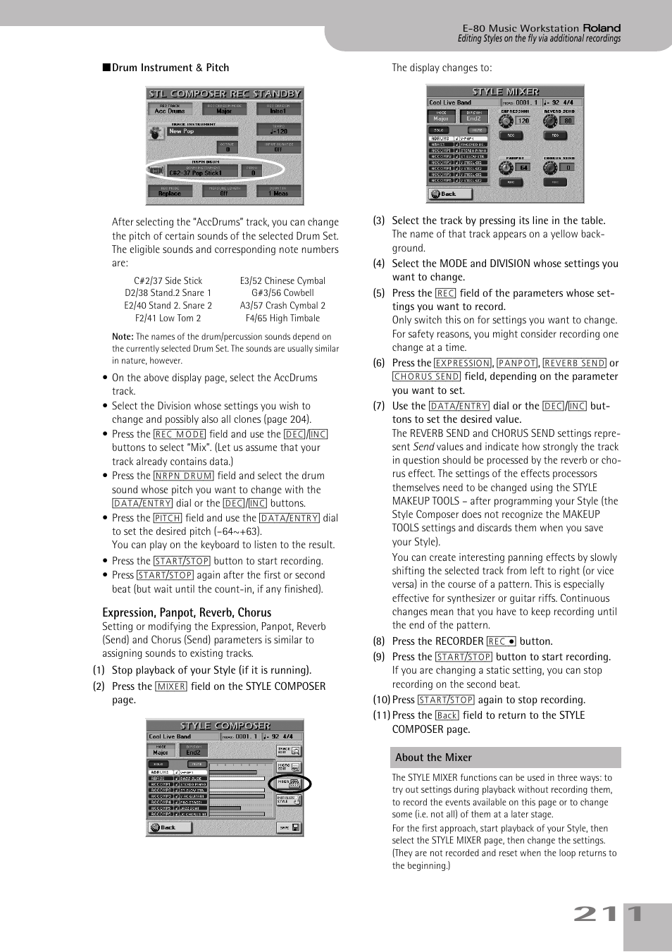 Expression, panpot, reverb, chorus, Can also change these settings later (see p. 211), See “drum instrument & pitch” for the additional | Roland E-80 User Manual | Page 211 / 284