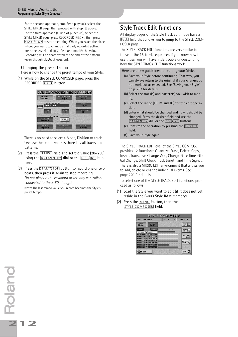 Style track edit functions, Changing the preset tempo | Roland E-80 User Manual | Page 212 / 284