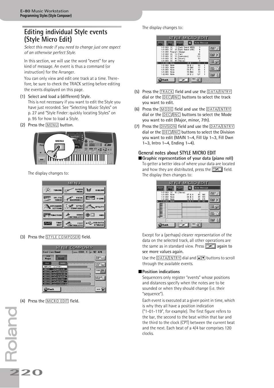 Editing individual style events (style micro edit), General notes about style micro edit | Roland E-80 User Manual | Page 220 / 284