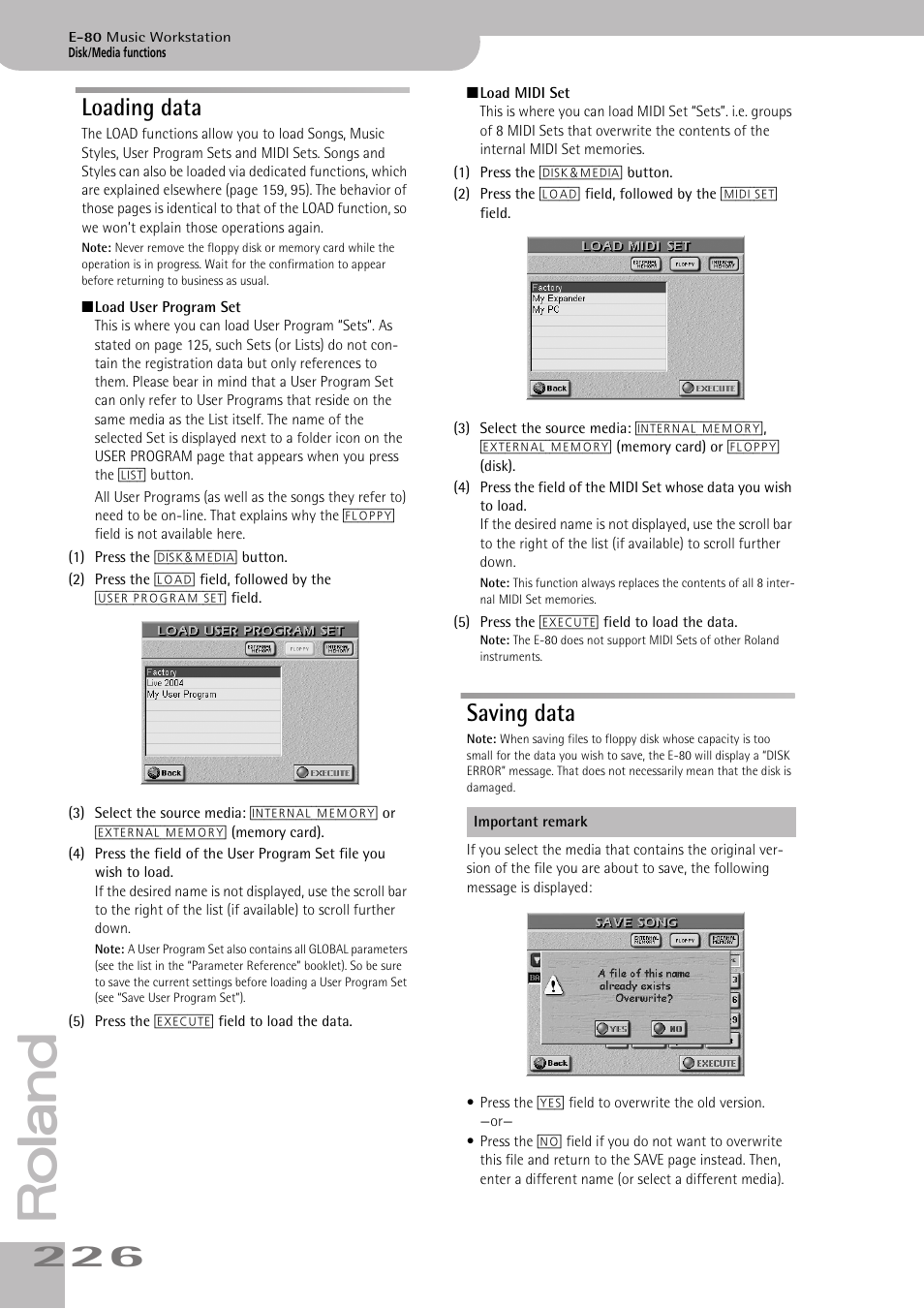 Loading data, Saving data, Loading data saving data | Roland E-80 User Manual | Page 226 / 284
