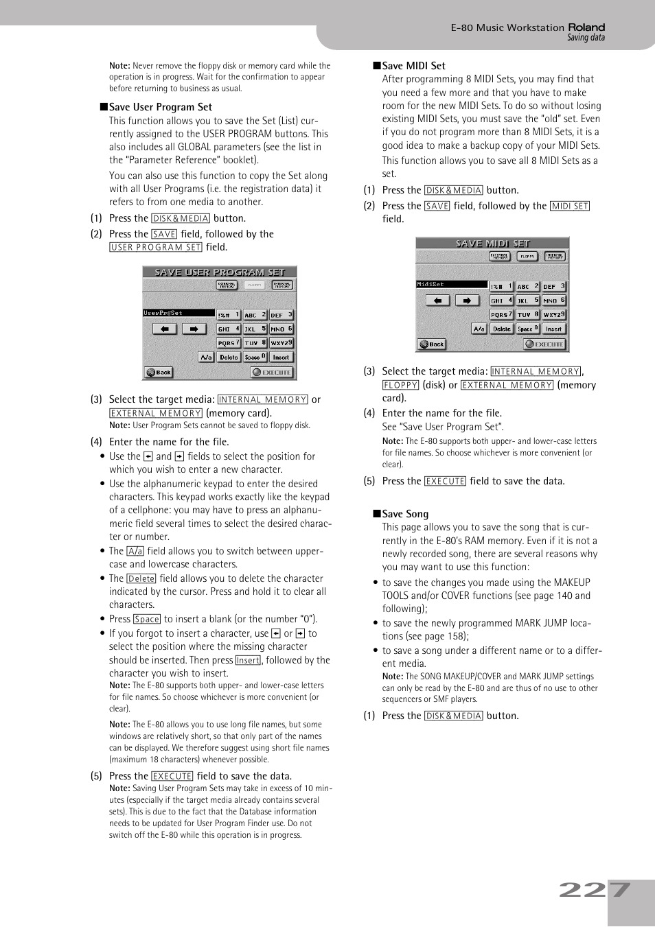 Using “save user program set” on p. 227, See “save user program set”) | Roland E-80 User Manual | Page 227 / 284