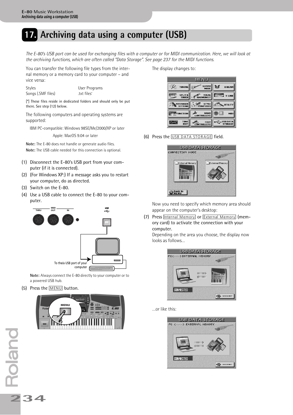 Archiving data using a computer (usb), It to the e-80 via usb (see p. 234), See p. 234) when you need to copy from a memory | Roland E-80 User Manual | Page 234 / 284