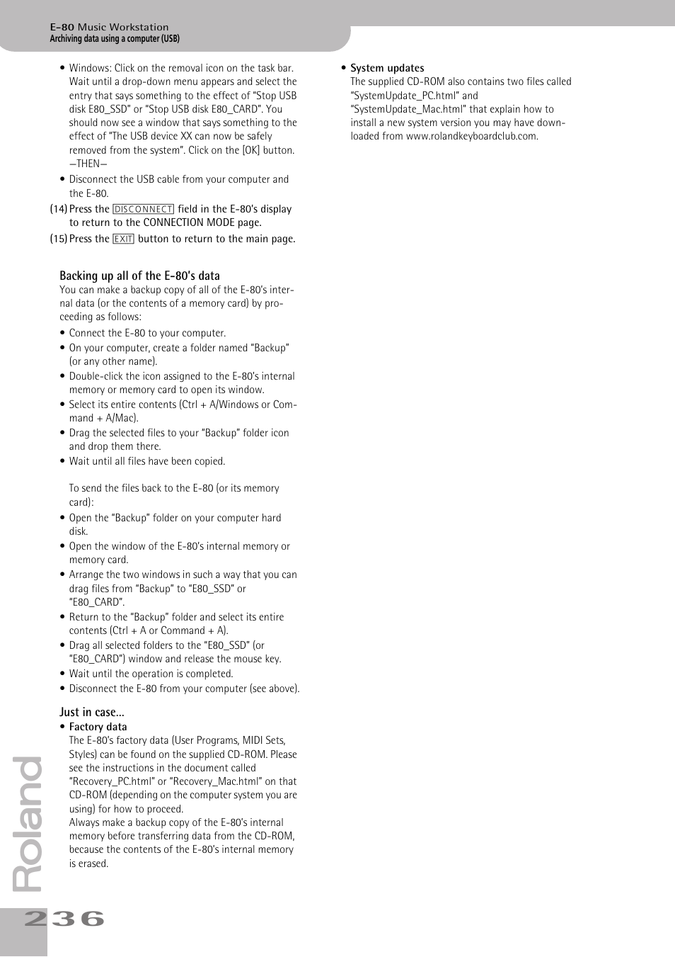 Backing up all of the e-80’s data just in case | Roland E-80 User Manual | Page 236 / 284