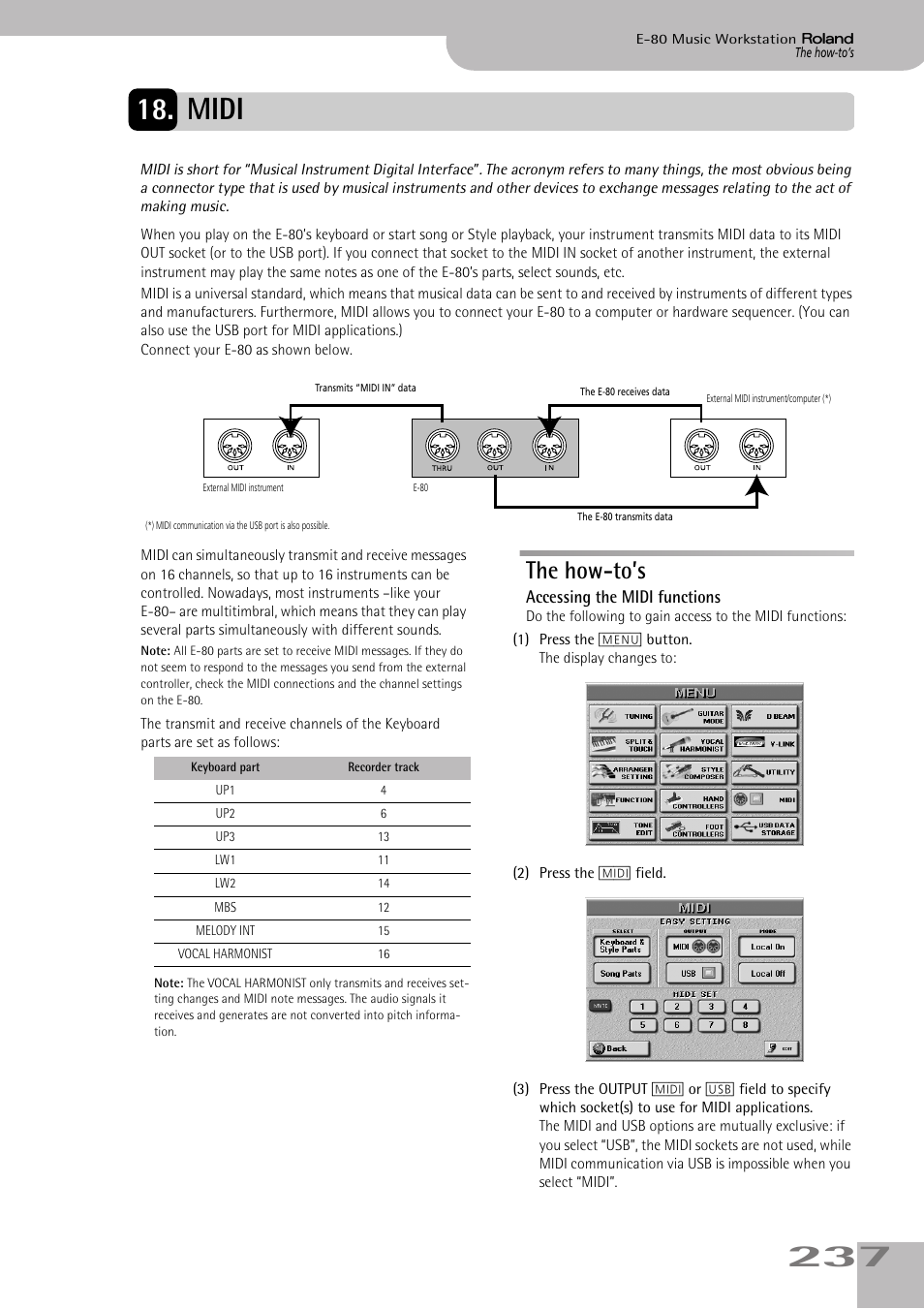 Midi, The how-to’s, Accessing the midi functions | Roland E-80 User Manual | Page 237 / 284