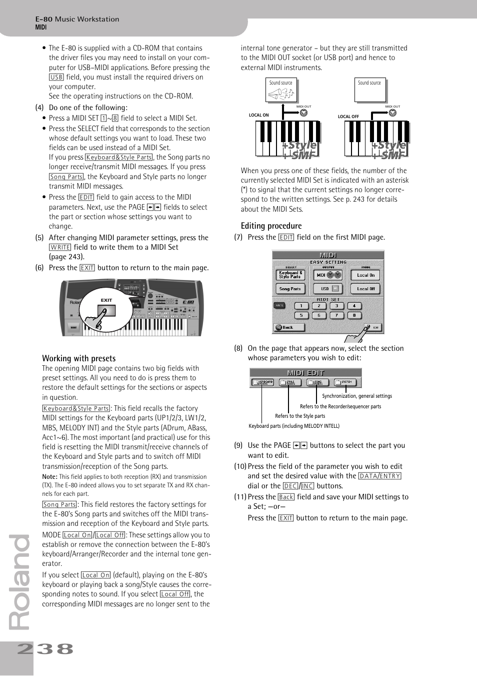 Working with presets editing procedure, Style + smf +style + smf +style + smf +style + smf | Roland E-80 User Manual | Page 238 / 284