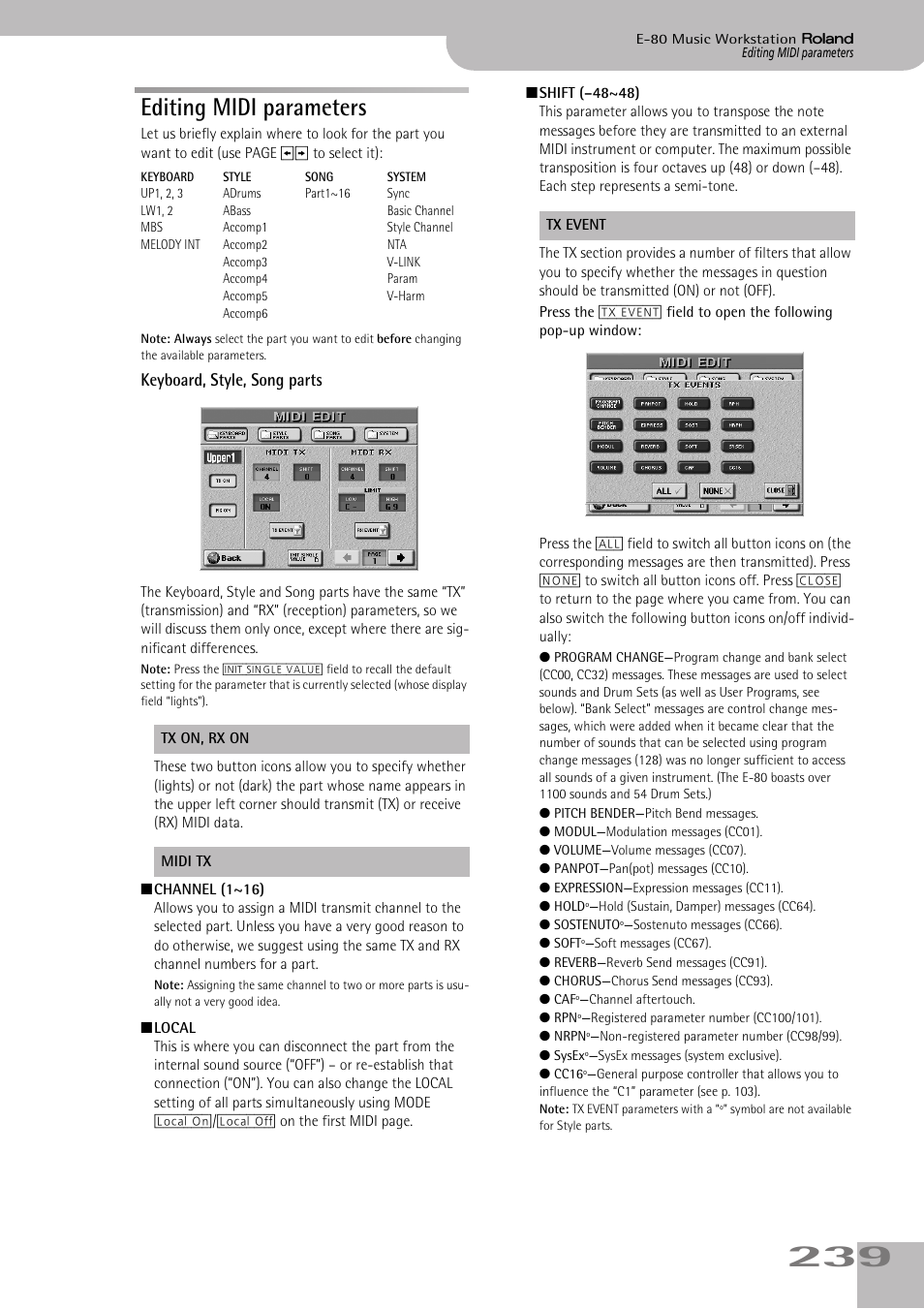 Editing midi parameters, Keyboard, style, song parts | Roland E-80 User Manual | Page 239 / 284