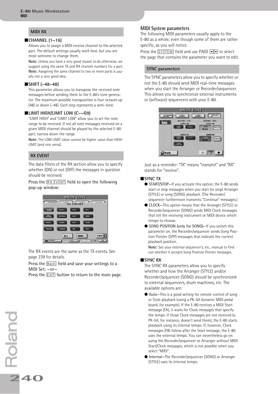 Midi system parameters | Roland E-80 User Manual | Page 240 / 284