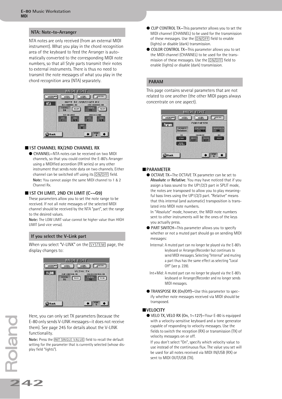 Transpose rx (on/off)” on p. 242 | Roland E-80 User Manual | Page 242 / 284